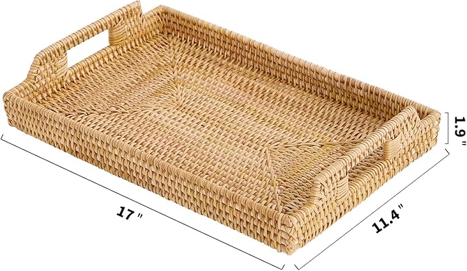 Rattan Rectangular Serving Tray with Handles, Hand-Woven Wicker Decorative Tray for Coffee Table,Vintage Boho Style Decor for Dining, Kitchen, Bathroom, Outdoor(17"x11.4"x1.9")