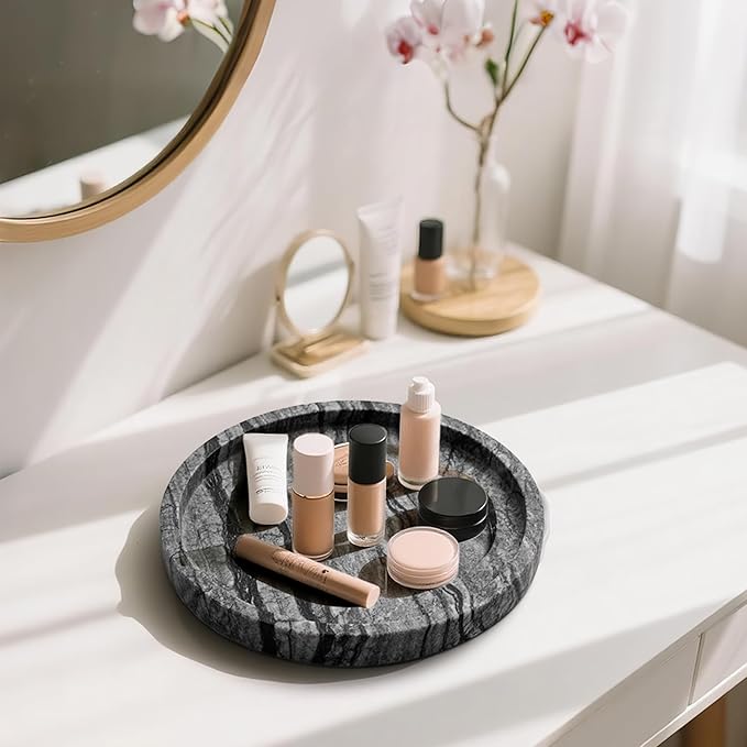 WORHE Natural Marble Vanity Tray for Bathroom Bedroom Kitchen Dresser, Round Decorative Trays for Jewelry, Perfume, Cosmetic, Candle, Countertop Storage Organizer for Home Decor Gray Black (WH017)