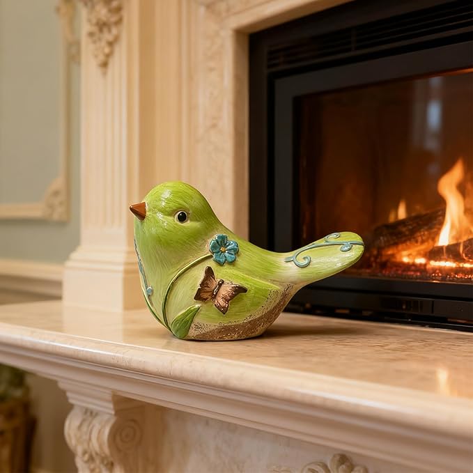 Green Resin Bird Sculpture Home Decor, 4.3 Inch Cute Statues Decorative Objects for Room, Bedroom, Living Room,Office Desk, Book Shelf,Coffee Table,Entryway, Gifts for Bird Lovers