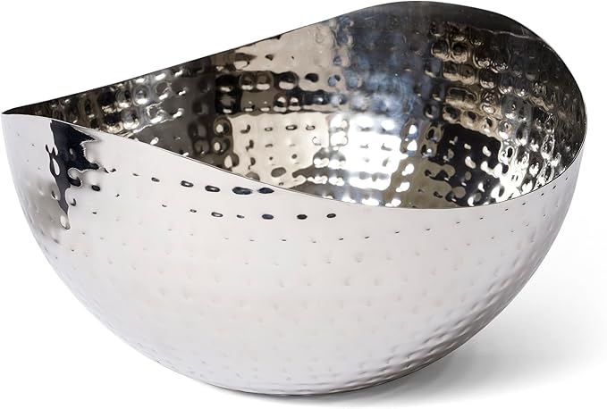 Large Decorative Bowl, Stainless Steel Salad Serving Fruit Bowl, Hammered Centerpiece Bowl (10” Round)