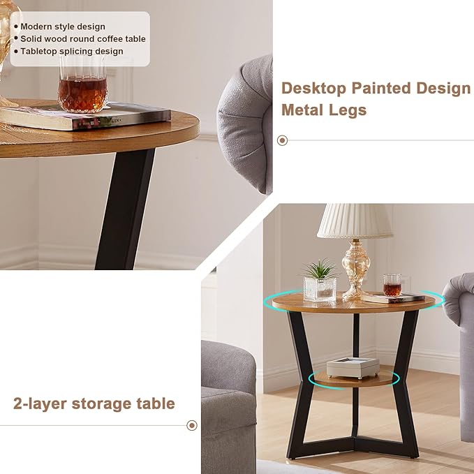 End Table, Round Wood End Table for Living Room with 2-Tier Table Top with Storage Rack, Metal Leg Triangle Support Design, Home Furniture, 25 x 25 x 24 in
