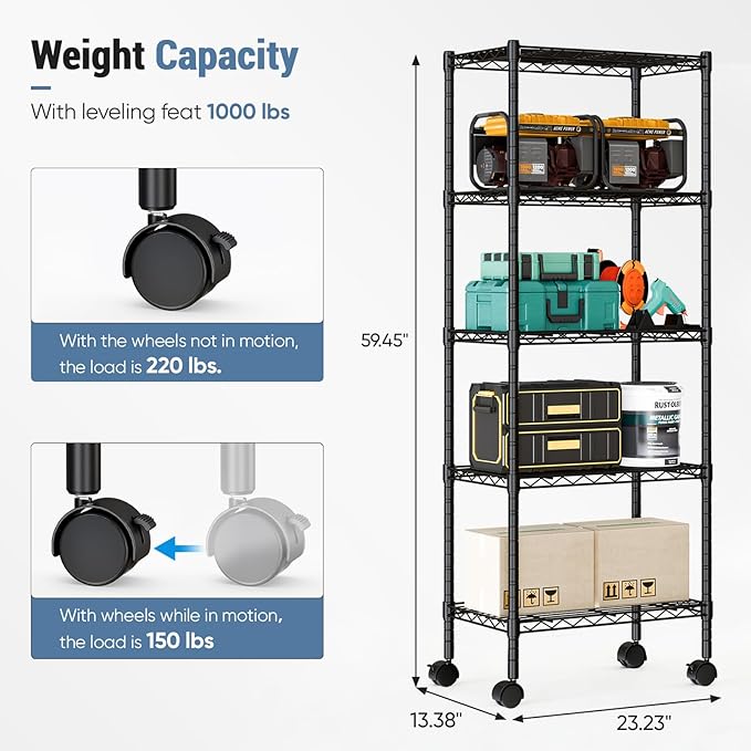 DUMOS 5 Tier Metal Shelving, Heavy Duty Shelves Wire Shelving Unit with Removable Wheel Casters, Shelves Organizer for Bathroom Garage Living Room Kitchen Pantry Laundry