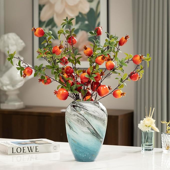 11" H Teal Glass Vases for Flowers, Unique Hand Blown Glass Vase Blue Home Decor, Wide Mouth Colorful Flower Vase Centerpieces, for Living Room Table Bookshelf, Bathroom Office Shelf Decorative