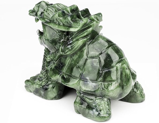 Dragon Turtle Jade Statue - Natural 4inch Gemstone Sculpture for Home Decor, Feng Shui Carved Figurine Outdoor Garden Decorative