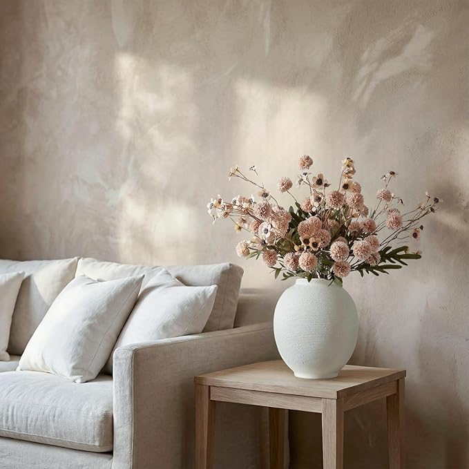Large White Ceramic Vase, 9.8 inch Round Minimalist Textured Vase, Rustic Farmhouse Decor for Home, Living Room, Shelf, Table, Wedding & Entryway Decoration (Sandstone White)