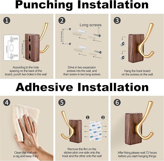 8 Pack Walnut Wood Wall Coat Hooks for Hanging, Adhesive Mounted & Wall Mount Heavy Duty Wooden Double Hook Hanger for Towel Backpack Hat Jacket Clothes Blanket Purse Robe Key Stain Gold Hook
