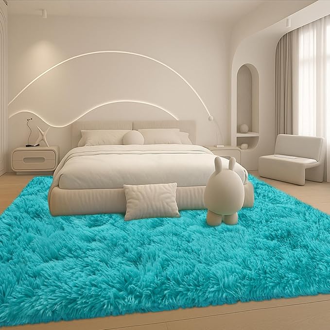 Mtandyx Teal Blue Plush Rug 6x9, Fluffy Shag Carpet Non-Slip, Area Rug for Living Room Bedroom, Modern Soft Rug for Kids Dorm, Hypoallergenic Easy-Clean