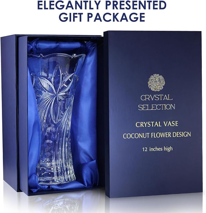 CS Crystal Vase 12-inch high, Coconut Flower Design, for Flowers & Decor. Lovely Nice Shiny Piece. Perfect as a Gift, Suitable for All Occasions.
