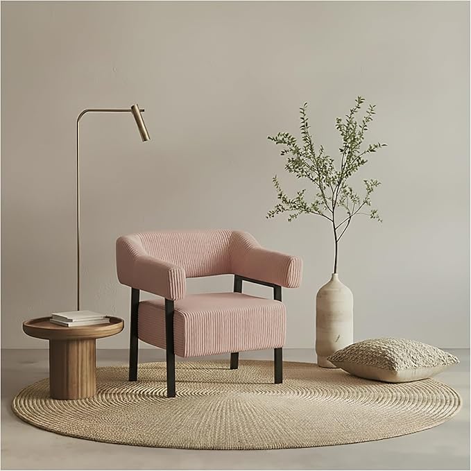 Wismestr Corduroy Upholstered Accent Chair - Cozy Modern Decorative Armchair, Comfortable Cute Corner Side Chairs for Living Room, Bedroom, Reading Nook, Small Spaces (Pink, Black Leg)