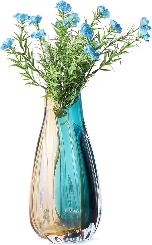 Hand Blown Glass Vase, Medium Wide Mouth Flower Vase Unique Modern Turquoise Glass Art Decor, Nonbreakable Vases for Table Centerpieces Living Room Decorative Amber and Teal Vase
