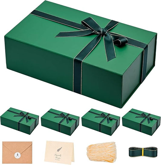 LIFELUM 5 Pack Christmas Gift Boxes Large Green Boxes of Gifts 13.85 x 8.35 x 4.45 inch Gift Boxes with Strong Magnetic Lid for Presents Contains Card, Ribbon, Filler,Sticker