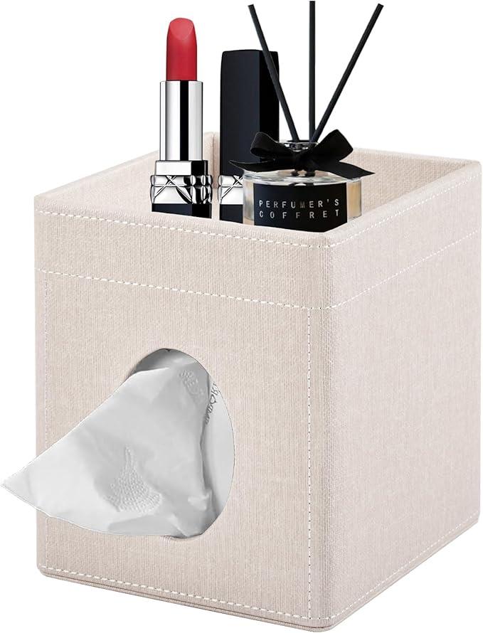 Tissue Box Cover with Storage Tray Square Tissue Box Holder PU Leather Facial Tissues Organizer Tray for Bathroom Vanity Bedroom Office Car,Stylish Napkin Caddy Decorative Organizer,Beige