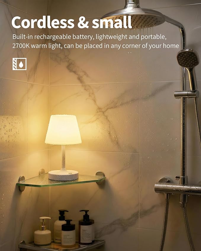 PUSU Cordless LED White Small Table Lamp, Waterproof Shower Light with 4000mAh Battery, Portable Rechargeable Touch Dimming Night Light for Bathroom, Outdoor Camping, Kitchen, Patio, Restaurant