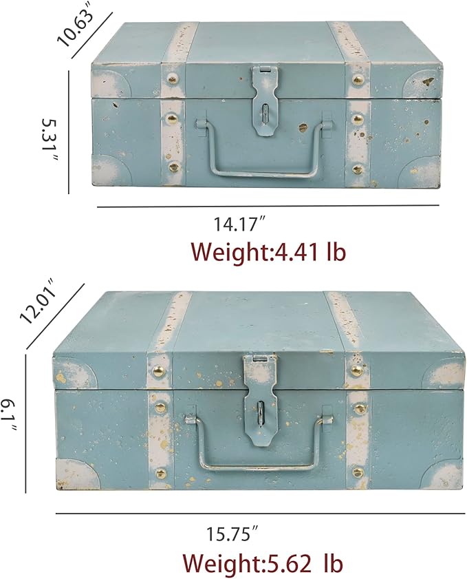 Vintage Metal Storage Trunks - Set of 2, Antique Decorative Storage Chests with Lids, Decorative Suitcase Boxes, Vintage Suitcases for Keepsakes and Home Decor, Blue