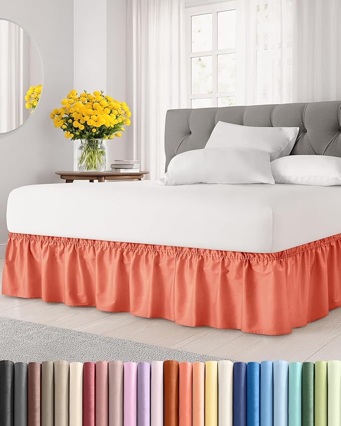 Wrap Around Dust Ruffle Bed Skirt - Coral - Twin/Twin XL Size Beds with 18 Inch Drop - Easy Fit Elastic Strap - Adjustable Pleated Bedskirt w/Brushed Fabric - Wrinkle Free - Women, Men, Kids & Teens