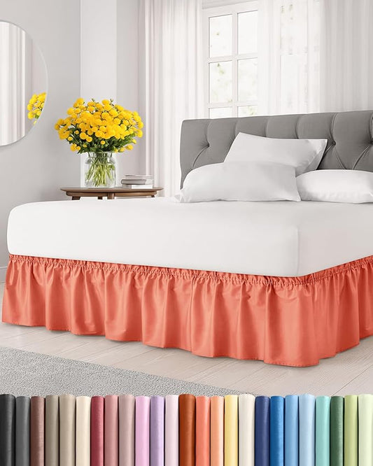 Wrap Around Dust Ruffle Bed Skirt - Coral - for Full Size Beds with 12 Inch Drop - Easy Fit Elastic Strap - Adjustable Pleated Bedskirt w/Brushed Fabric - Wrinkle Free - for Women, Men, Kids & Teens
