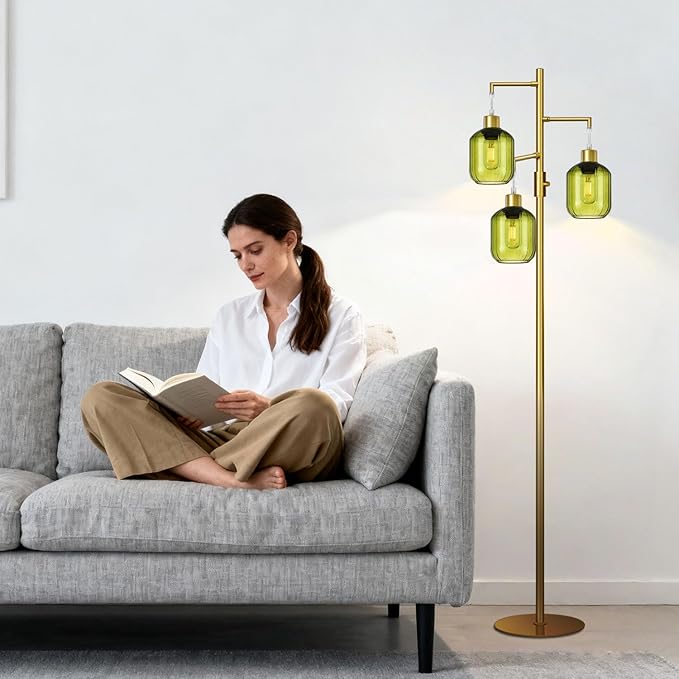 LVYE Glass Floor Lamps for Living Room, Modern Standing Lamps with Green Shade, Dimmable Green Tall Floor Lamp, Mid Century Gold 3 Lights Tall Tree Lamp with 3 LED Bulbs