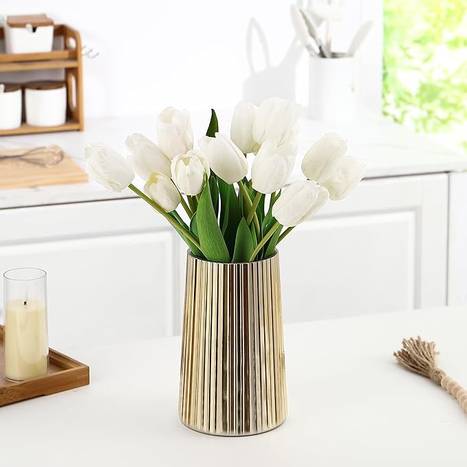 Gold Glass Vase for Flower, Flower Vase for Bouquet, Modern Glass Vases, Ribbed Vases for Living Room, Bedroom, Dining Table, Office, Wedding, Centerpieces, 8 Inches