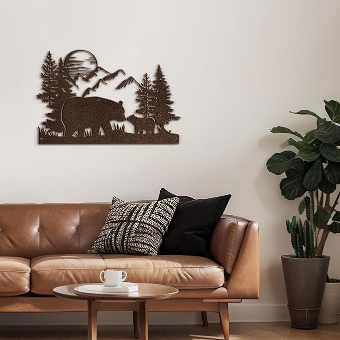 SIGNLEADER Metal Wall Art Decor Bear, Pine, Mountains Minimalist Modern Abstract Wall Sculpture Hangings Home Decoration for Living Room, Bedroom, Bathroom, Kitchen, Outdoor - 18" Bronze
