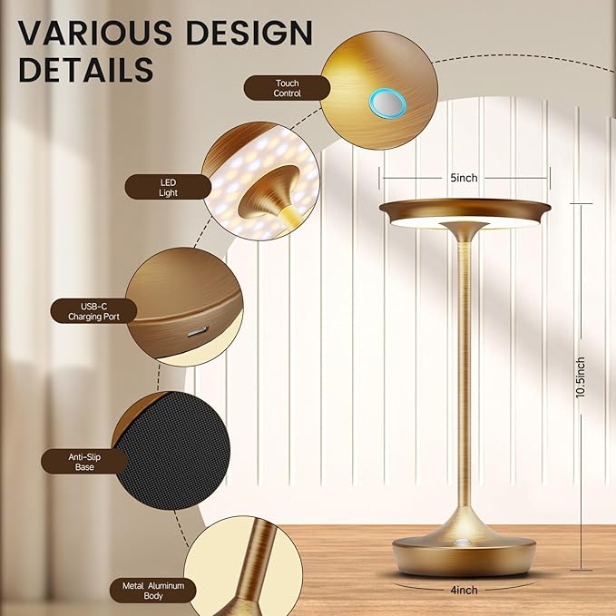 LED Cordless Table Lamp Rechargeable- Battery Operated Touch Lamps,Portable 3 Color Dimming Waterproof Light for Patio/Restaurant/Dining/Outdoor(Titanium)