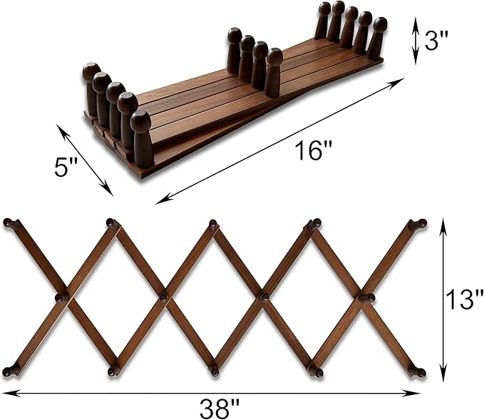 Expandable Wooden Coat Rack Hanger – Accordion Wall Mounted Pine Wood Hooks – Hand Made Vintage Expending Pegs – Hang Coat, Jacket, Hat, Leash, Towel, Mug, Bag – 14 Hook Dark Walnut