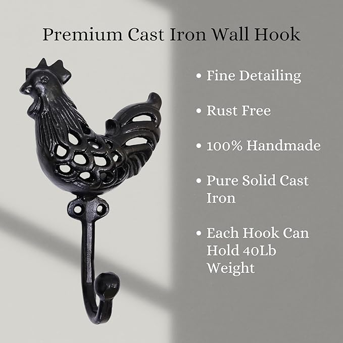 Set of 3 Cast Iron Rooster Shape Coat Hooks Wall Art Decor-Rooster Shape Hangers and Key Holder-Clothes Rack and Backpack Hanger-Coat Hooks Home Decor for Storage, Living Room, Hallway, Office