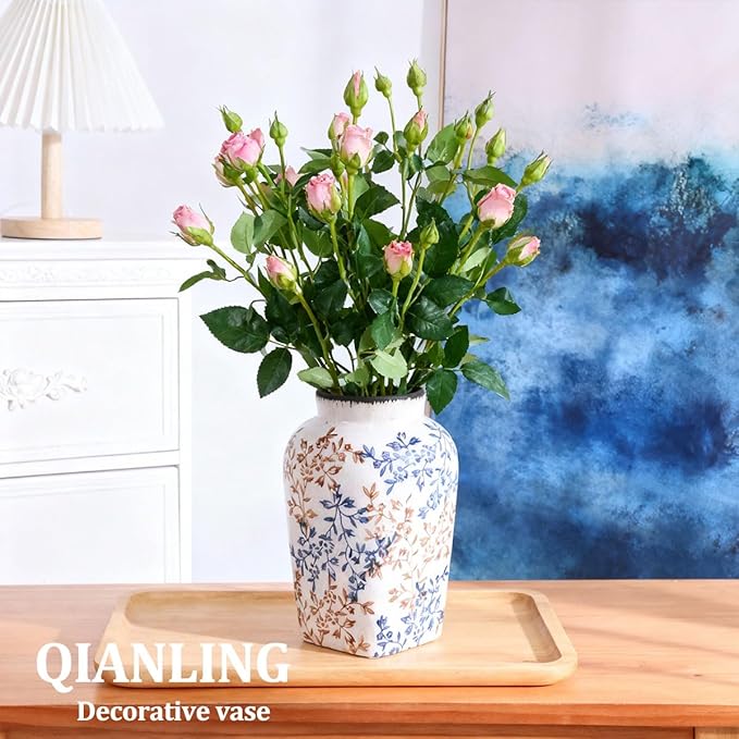 Blue and White Vintage Vase - 9.7 Inchs Chinoiserie Decor Crackle Finish Floral Vase, Rustic Farmhouse Decorative Vases for Table, Living Room, Bathroom, Shelf Decor, Mantel, Centerpieces