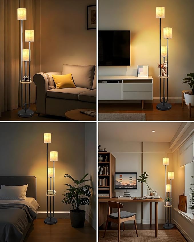 Lightdot 64Inch Floor Lamp with Table Dimmable Black Floor Lamp for Living Room 3 Lights Mid Century Modern Tall Standing Lamp with Fabric Shade for Bedroom Corner(Bulbs Included)