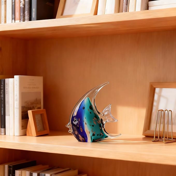 DOVDOV Hand-Blown Glass Fish Decorative Statues, Blue sea Glass Art Decor, Coastal-Themed Decor Suitable for Rooms, Offices, Coffee Tables, and TV Stands, Featuring Marine Animal Sculptures.