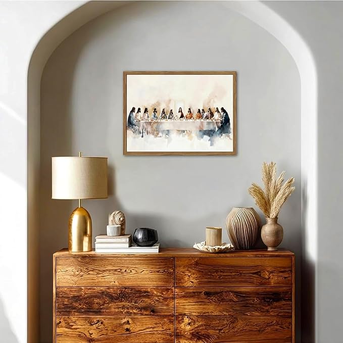 Jesus Last Supper Wall Art, Christian Wall Decor Pictures, Religious Bible Watercolor Canvas Prints Paintings Artwork for Living Room Dining Room Church Easter Faith Decor 16x24 Inch Framed