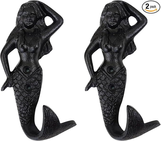 Set of 2 Cast Iron Mermaid Coat Hooks Wall Art Decor-Mermaid Hangers and Key Holder-Clothes Rack and Backpack Hanger-Coat Hooks Home Decor for Storage, Living Room, Hallway, Office (Black)