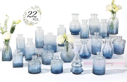 RUCKACE Bud Vases in Bulk 22 Blue Glass Small Vases Flower Vase Bulk for Centerpiece Table Wedding Decorations Home Decor Party(Gradient Blue 22 Pack)
