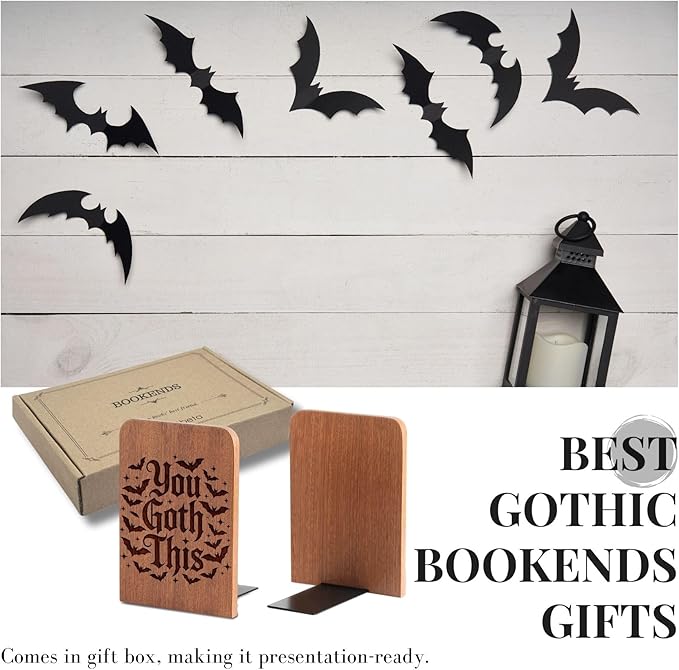 Goth Gifts for Women Men, Gothic Bookends, Heavy Duty Wooden Book Ends for Shelves Decorative(1 Pair, 4.72x6.69 Inches) - Bat