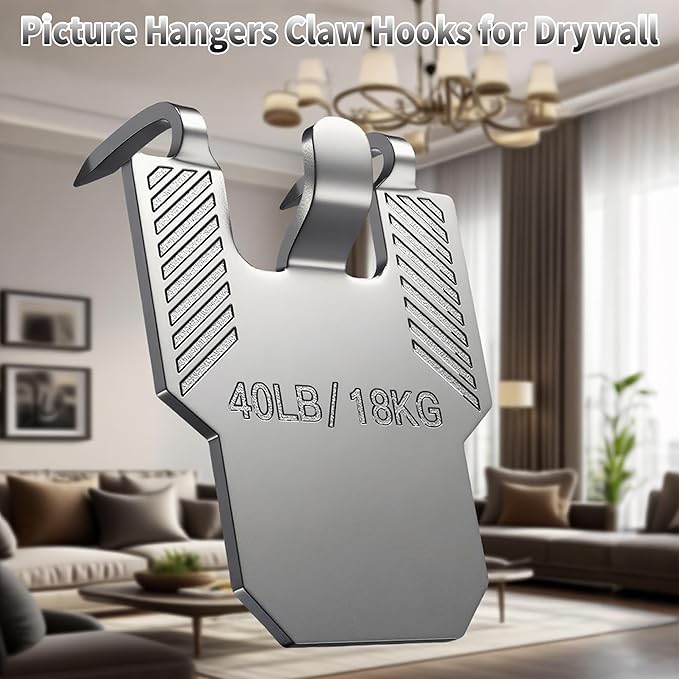 New Picture Hangers Claw Hooks for Drywall, 20-Piece Set - Hardened Steel Claw Design, Tool-Free Installation, Holds Up to 40 lbs, Perfect for Home & Office Decor