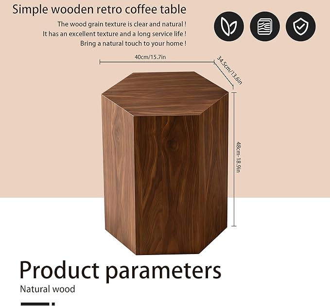 Modern Hexagonal Side Table, Walnut Wood MDF Coffee Table with Natural Texture, Non-Slip Surface, 15.7x13.8x18.9 Inches (Walnut)
