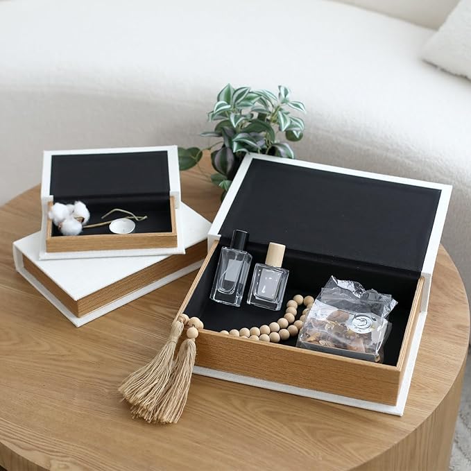 Decorative Book Boxes Set of 3 – Modern Faux Linen & Wood Hidden Storage for Coffee Table – Stackable Fake Books for Shelf Decor, Remote Control & Jewelry Organizer (Off White)