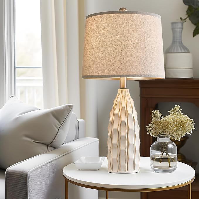 Ceramic Table Lamps Set of 2, 23.75" Modern Farmhouse Bedside Lamp - Cream Nightstand Lamps for Bedroom, Boho Living Room End Tables, Small Office Desk Lamp Decor