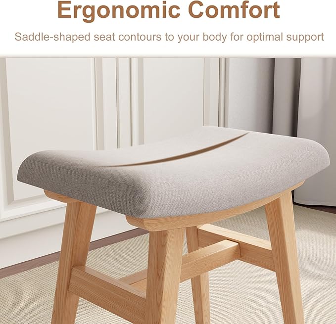 Wooden Vanity Stool, Makeup Small Bench Seat Solid Wood with Upholstery Saddle Seat Stools Concave Ergonomic Chair Easy to Install for Bedroom Wooden Vanity Chair, Wooden Stool 16" log Color