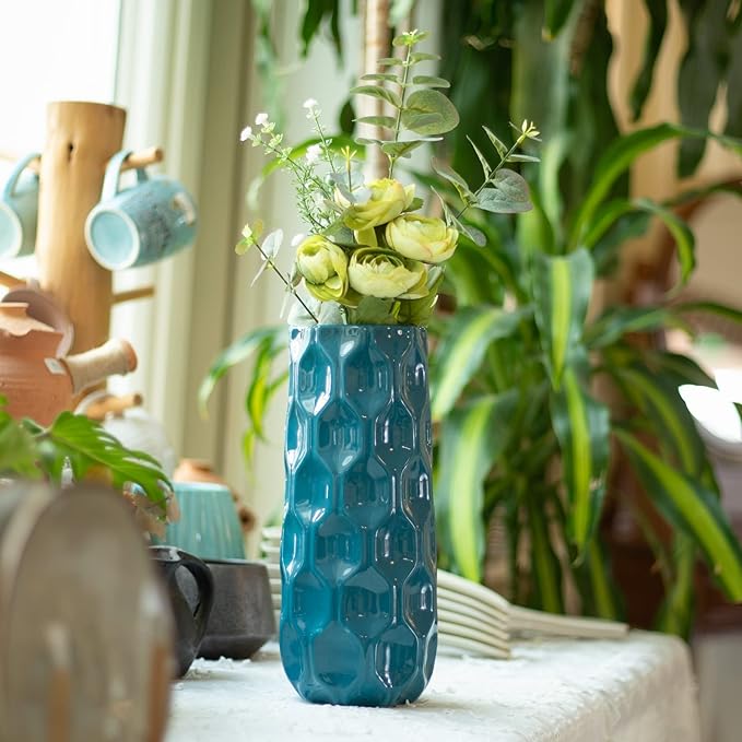 Bdor Ceramic Vase, 11in Flower Vase, Blue Honeycomb Vase for Room Decor, Modern Farmhouse Home DéCor Accents, Living Room Decor, Book Shelf, Mantel and Minimalism Dining Coffee Table Decor.