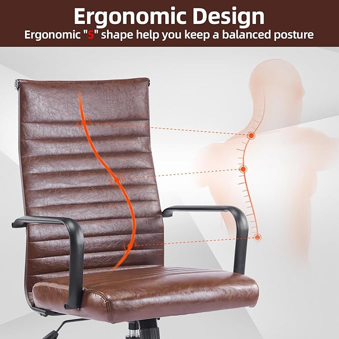 Haranuo Office Chair, Ergonomic Executive Conference Room Chairs, Ribbed Leather Desk Chair with Lumbar Support, Adjustable Height Mid-Back Swivel Chair with Padded Seat
