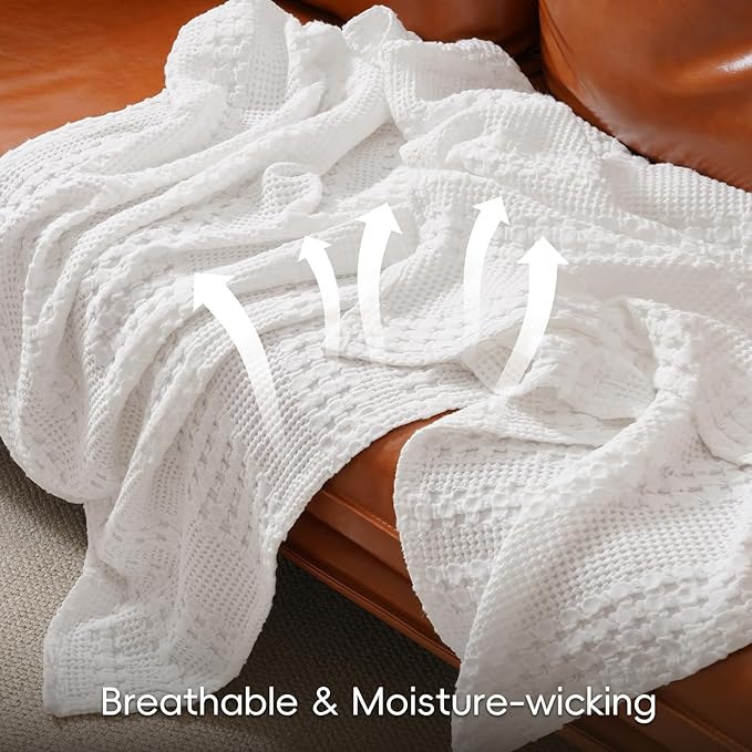 PHF 100% Cotton Waffle Weave Blanket Queen Size for Bed, Soft Lightweight & Breathable, All-Season Comfort, 300 GSM Luxury Aesthetic Blanket for Home Decor, 90"x90", White