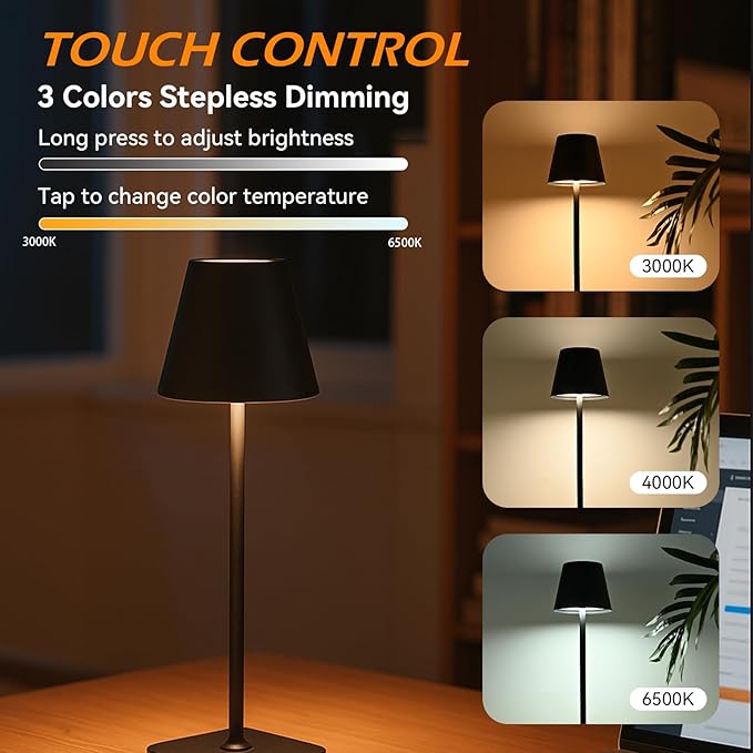 2-Pack Rechargeable Cordless Table Lamps, Battery-Operated Wireless Minimalist Table Lamp, 3 Colors Stepless Dimming LED Adjustable Height Table Lamp for Dining/Bedside/Camping (2, Black)