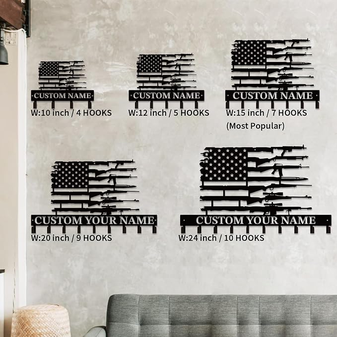 Personalized Custom Name Gun Wall Hooks,Metal Gun Room Art Clothes Hooks,Metal Gun Wall Home Storage Decorative,For Front Door, Hallway, Kitchen, Bedroom,Keys,Hats (Style F)