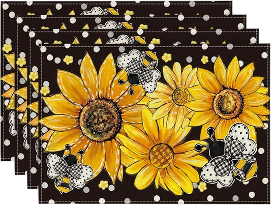 Artoid Mode Black Sunflower Bee Flower Polka Dot Summer Placemats Set of 4, 12x18 Inch Table Mats for Table Runner Party Kitchen Dining Decoration