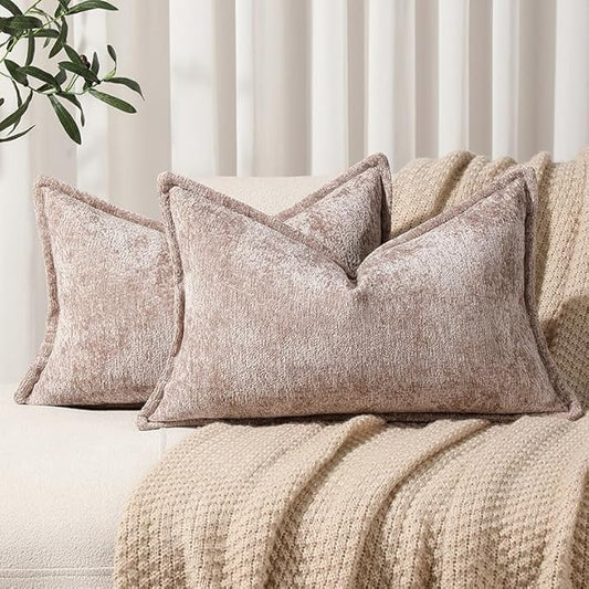 DEZENE Pack of 2 Khaki Decorative Throw Pillow Covers 12x20 Cozy Soft Chenille Accent Vintage Rectangular Lumbar Couch Pillow Covers for Home Decor Bed Sofa Living Room