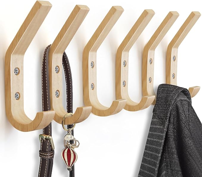 Wooden Coat Hooks Wall Hooks,Rustic Natural Oak Wood Wall Hooks for Hanging Decorative Vintage Organizer Heavy Duty Entryway Wall Mounted Hangers Hooks for Hat Rack,Coats,Towels, Key,Bags(6 Pack)