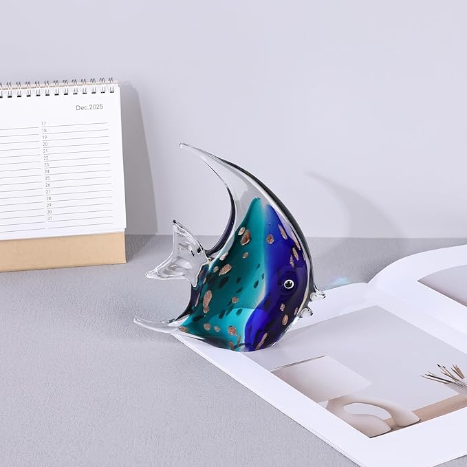 DOVDOV Hand-Blown Glass Fish Decorative Statues, Blue sea Glass Art Decor, Coastal-Themed Decor Suitable for Rooms, Offices, Coffee Tables, and TV Stands, Featuring Marine Animal Sculptures.