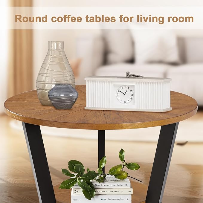 End Table, Round Wood End Table for Living Room with 2-Tier Table Top with Storage Rack, Metal Leg Triangle Support Design, Home Furniture, 25 x 25 x 24 in