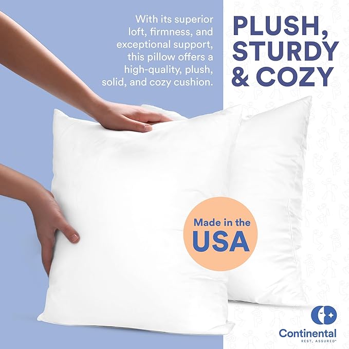 Continental Bedding | Down Alternative Throw Pillow Insert | 100% Cotton 250TC Shell | Medium Loft Decorative Cushion | 26x26 | 2 Pack
