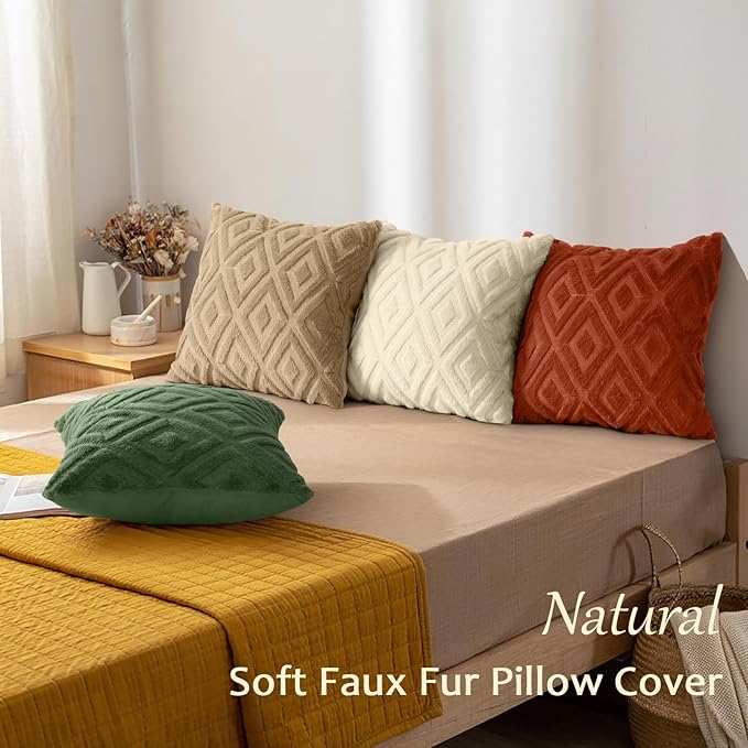 decorUhome Pack of 4 Faux Fur Christmas Throw Pillow Covers 18x18, Soft Decorative Couch Pillow Covers with Velvet Back for Modern Sofa Living Room, Khaki/Rust